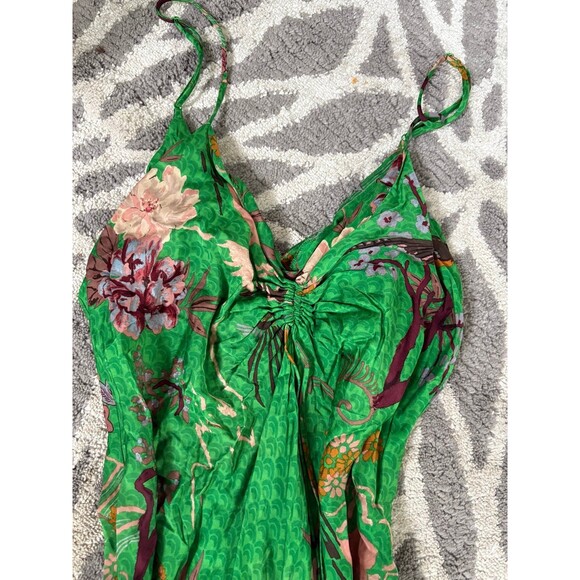 Zara Bright Green Floral Satin Slip Dress with Ruching - Picture 1 of 4